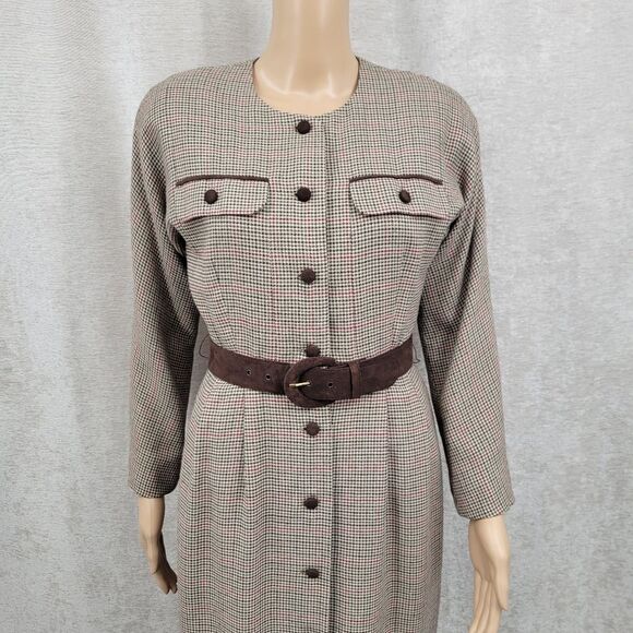 Talbots Vintage Houndstooth Plaid Elegant Brown Belted Button Front Dress - Picture 3 of 15